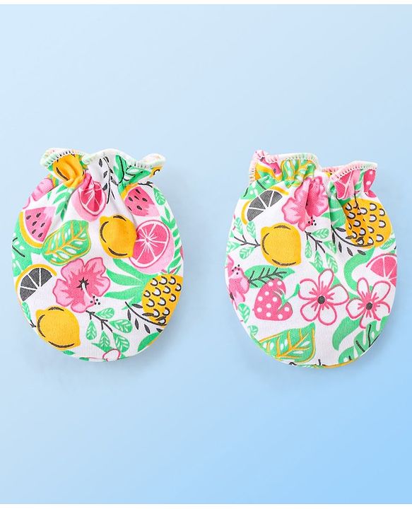 Babyhug 100% Cotton Knit Fruit Print Mittens and Booties - Multicolor