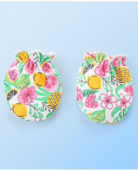 Babyhug 100% Cotton Knit Fruit Print Mittens and Booties - Multicolor