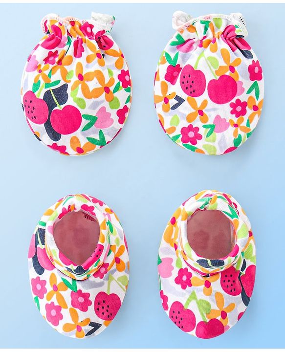 Babyhug 100% Cotton Knit Floral Print Mittens and Booties - Multicolor
