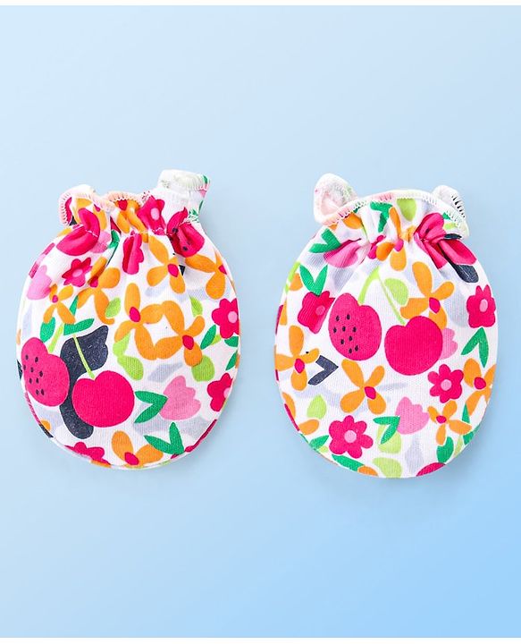 Babyhug 100% Cotton Knit Floral Print Mittens and Booties - Multicolor