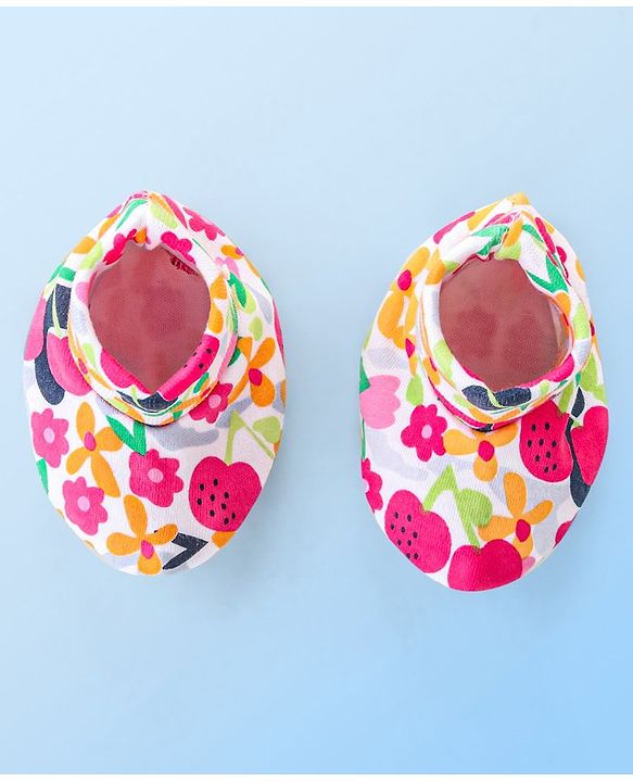 Babyhug 100% Cotton Knit Floral Print Mittens and Booties - Multicolor