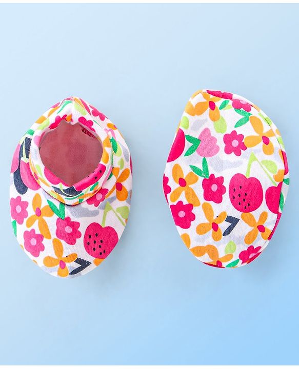 Babyhug 100% Cotton Knit Floral Print Mittens and Booties - Multicolor