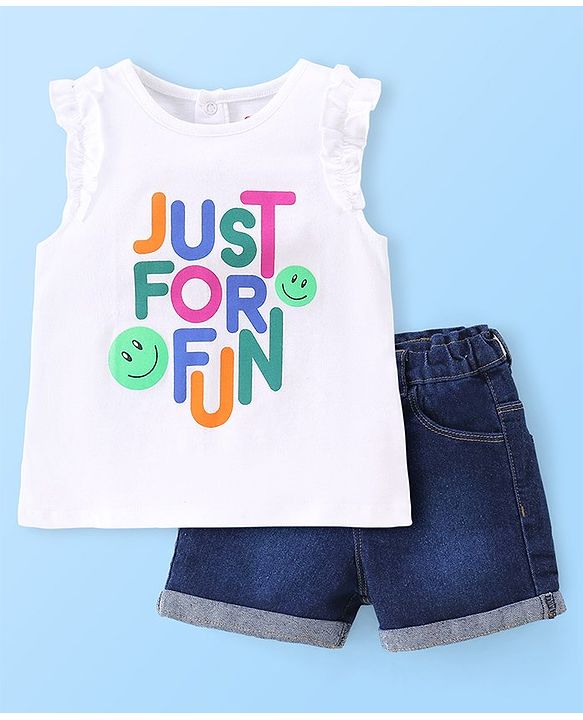Babyhug 100% Cotton Knit Sleeveless Top & Denim Shorts With Text Print - White & Blue