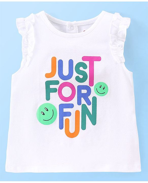 Babyhug 100% Cotton Knit Sleeveless Top & Denim Shorts With Text Print - White & Blue