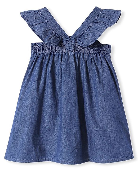 Babyhug Denim Woven Sleeveless Frock Sequined Butterfly Design - Blue