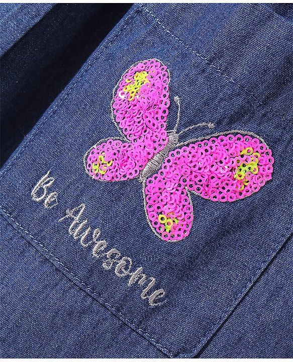 Babyhug Denim Woven Sleeveless Frock Sequined Butterfly Design - Blue