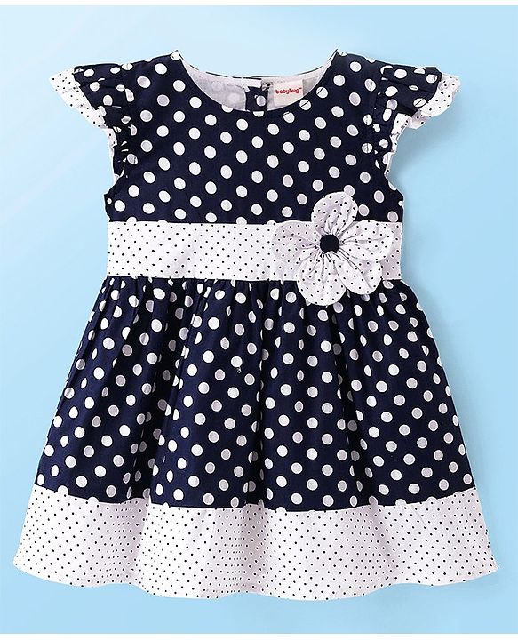 Babyhug Rayon Woven Knit Cap Sleeves Frock Polka Dots Print - Navy Blue