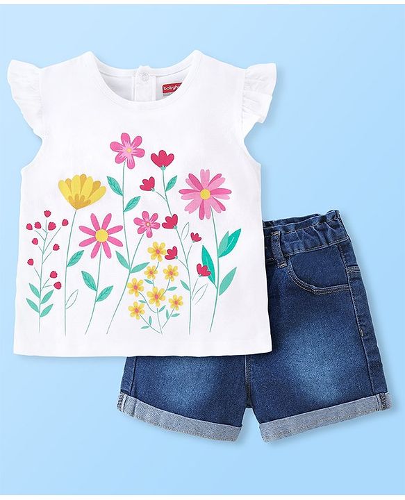 Babyhug 100% Cotton Knit Cap Sleeves Top & Denim Shorts With Floral Print - White & Blue