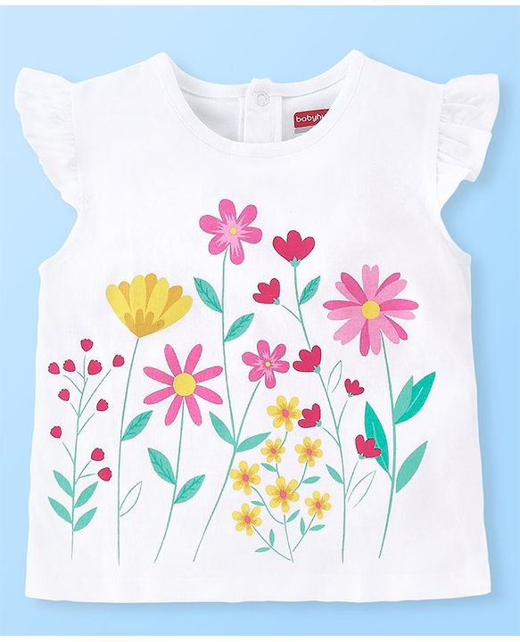Babyhug 100% Cotton Knit Cap Sleeves Top & Denim Shorts With Floral Print - White & Blue