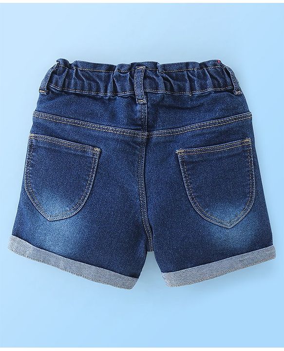 Babyhug 100% Cotton Knit Cap Sleeves Top & Denim Shorts With Floral Print - White & Blue