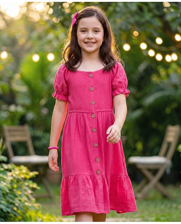 Pine Kids Cotton Woven Half Sleeves Frock with Schiffli Embroidery - Pink