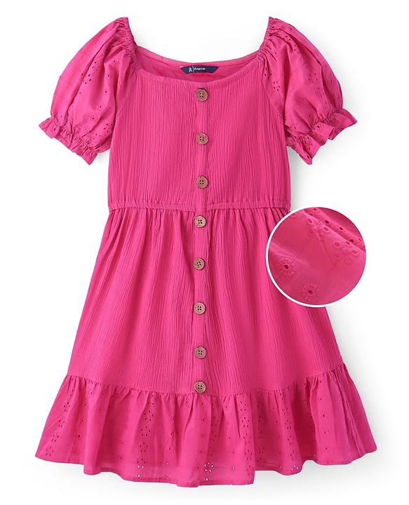 Pine Kids Cotton Woven Half Sleeves Frock with Schiffli Embroidery - Pink