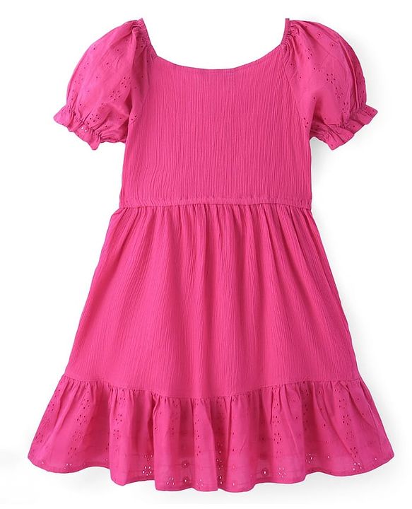 Pine Kids Cotton Woven Half Sleeves Frock with Schiffli Embroidery - Pink