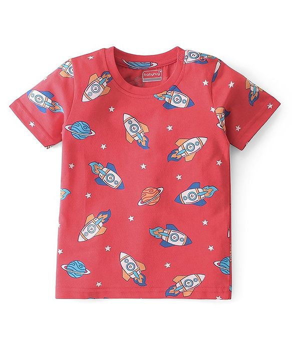 Babyhug Cotton Knit Single Jersey Half Sleeves Night Suit With Rocket Print - Red