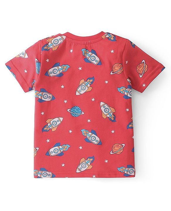 Babyhug Cotton Knit Single Jersey Half Sleeves Night Suit With Rocket Print - Red