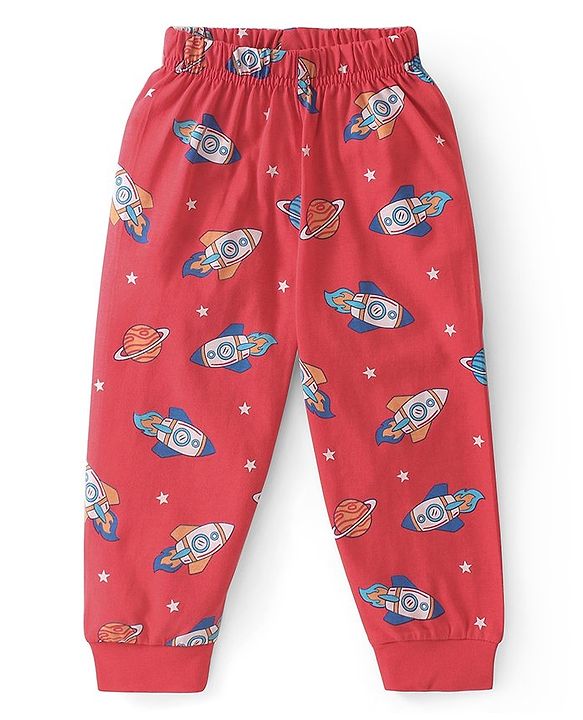 Babyhug Cotton Knit Single Jersey Half Sleeves Night Suit With Rocket Print - Red