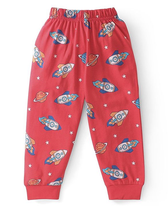 Babyhug Cotton Knit Single Jersey Half Sleeves Night Suit With Rocket Print - Red