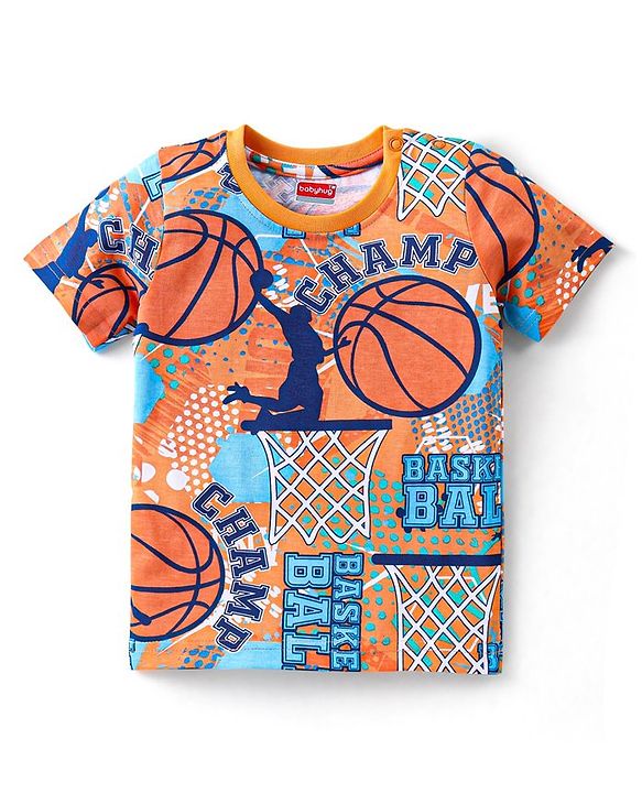 Babyhug Single Jersey Knit Half Sleeves Night Suit Basketball Print - Orange & Blue