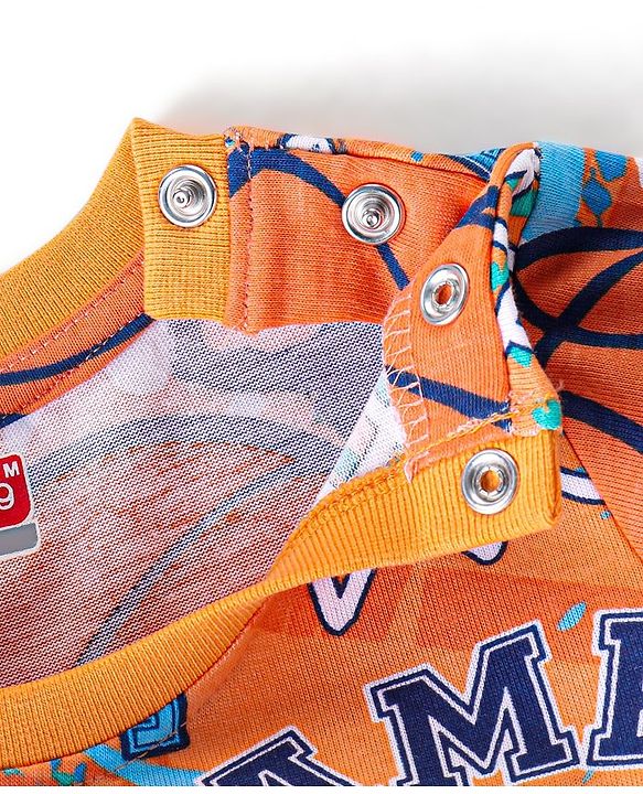 Babyhug Single Jersey Knit Half Sleeves Night Suit Basketball Print - Orange & Blue