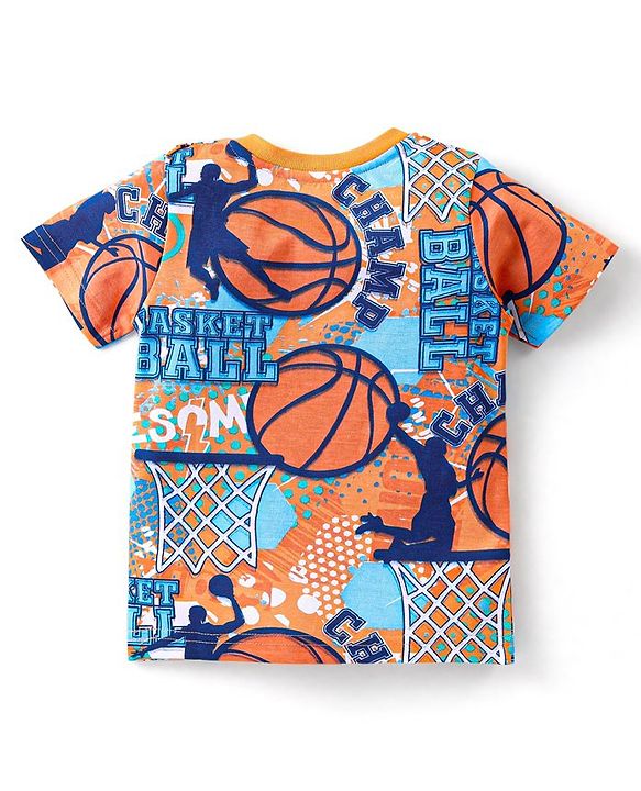 Babyhug Single Jersey Knit Half Sleeves Night Suit Basketball Print - Orange & Blue