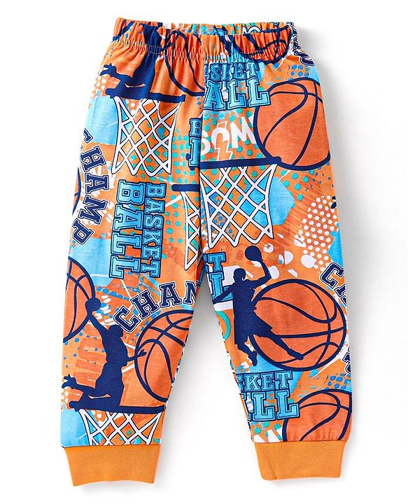 Babyhug Single Jersey Knit Half Sleeves Night Suit Basketball Print - Orange & Blue