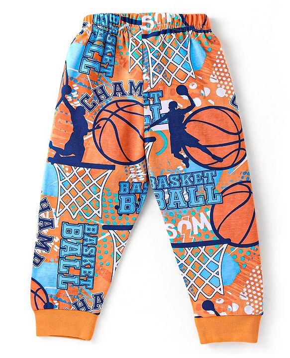 Babyhug Single Jersey Knit Half Sleeves Night Suit Basketball Print - Orange & Blue