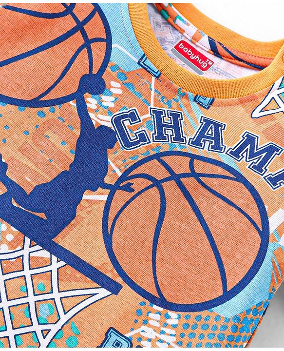 Babyhug Single Jersey Knit Half Sleeves Night Suit Basketball Print - Orange & Blue