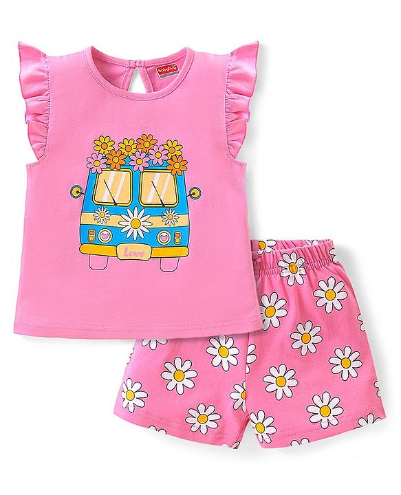 Babyhug Cotton Knit Frill Sleeves Night Suit With Floral Print - Pink