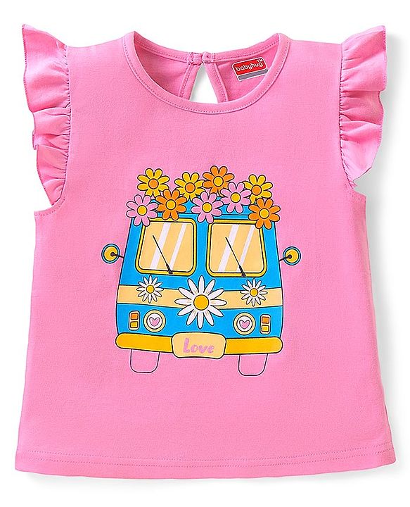 Babyhug Cotton Knit Frill Sleeves Night Suit With Floral Print - Pink