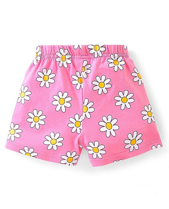 Babyhug Cotton Knit Frill Sleeves Night Suit With Floral Print - Pink