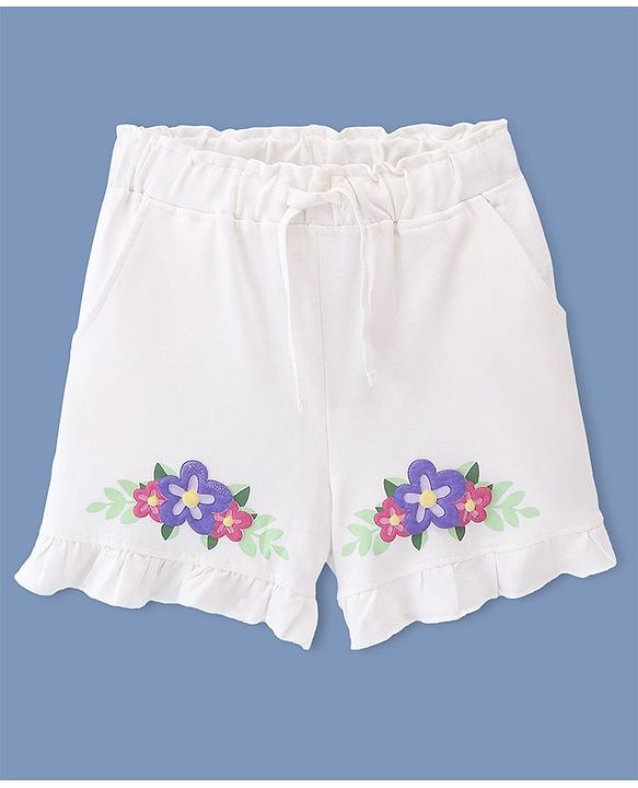 Pine Kids 100% Cotton Knit Mid Thigh Length Shorts With Floral Print - White