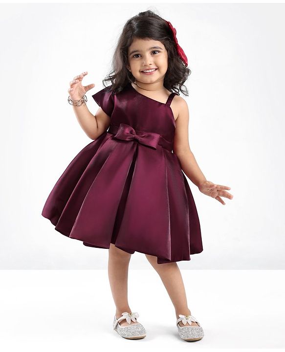 Babyhug Party Wear One Shoulder Pleated Dress With Bow Applique - Maroon