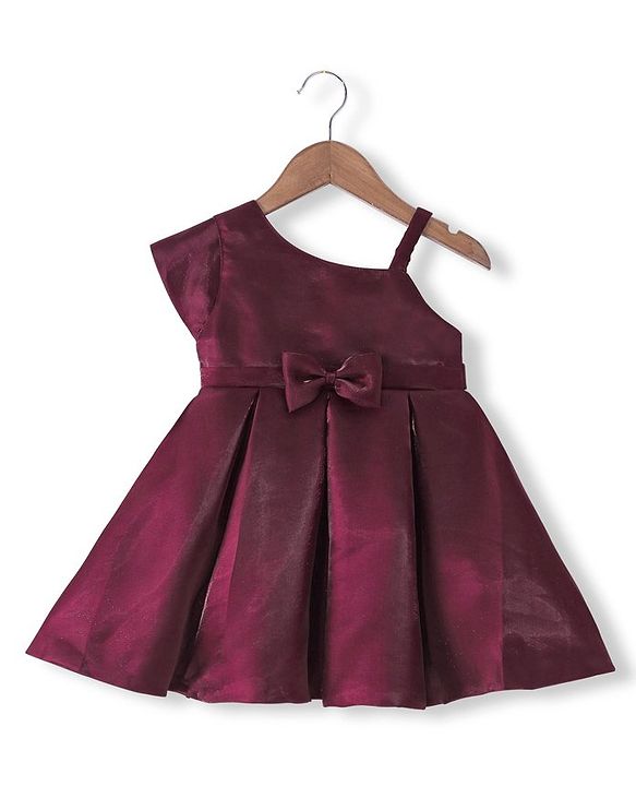 Babyhug Party Wear One Shoulder Pleated Dress With Bow Applique - Maroon