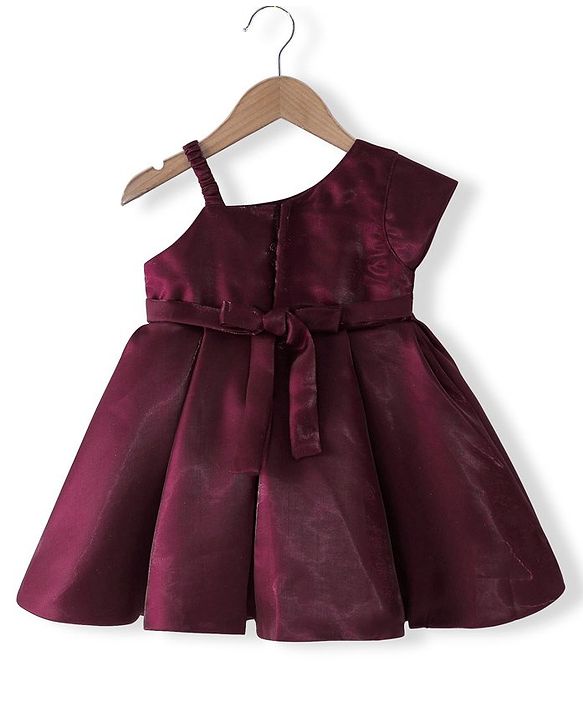Babyhug Party Wear One Shoulder Pleated Dress With Bow Applique - Maroon
