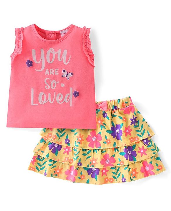 Babyhug 100% Cotton Knit Sleeveless Top & Skirt With Text & Floral Print - Pink & Yellow