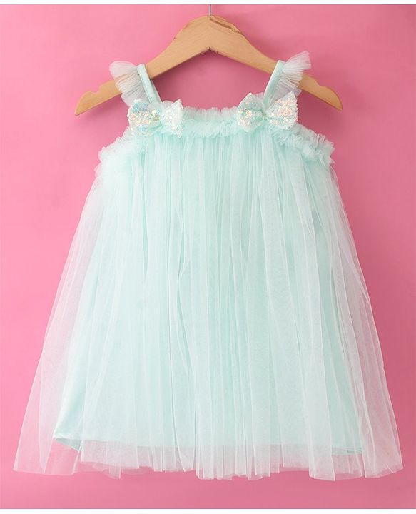 Babyhug Sleeveless Party Frock with Bow Applique - Mint