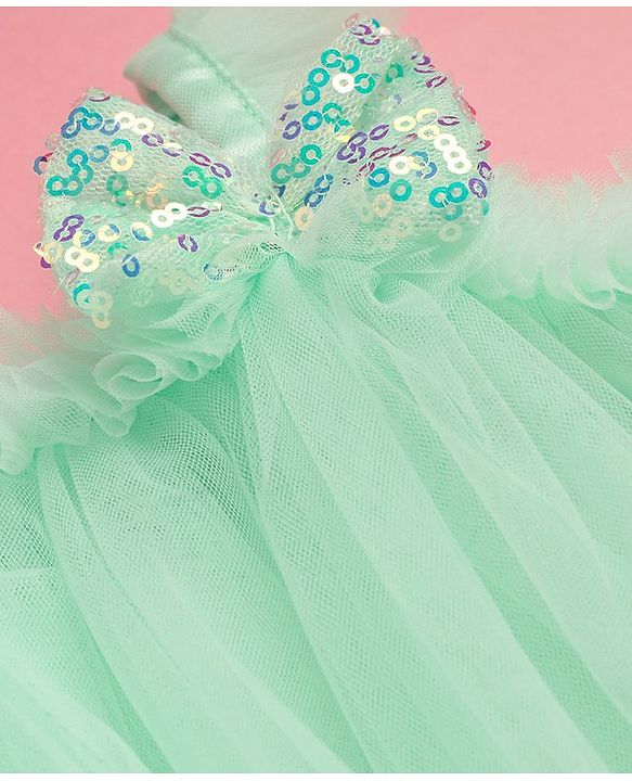 Babyhug Sleeveless Party Frock with Bow Applique - Mint