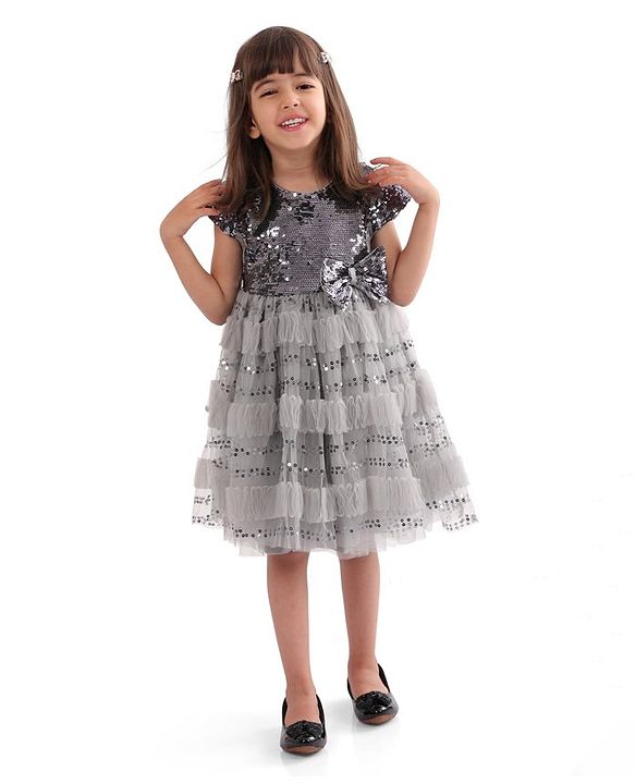 Babyhug Cap Sleeves Party Frock  with Sequinned Yoke & Bow Applique - Grey