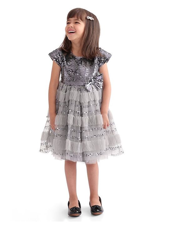 Babyhug Cap Sleeves Party Frock  with Sequinned Yoke & Bow Applique - Grey