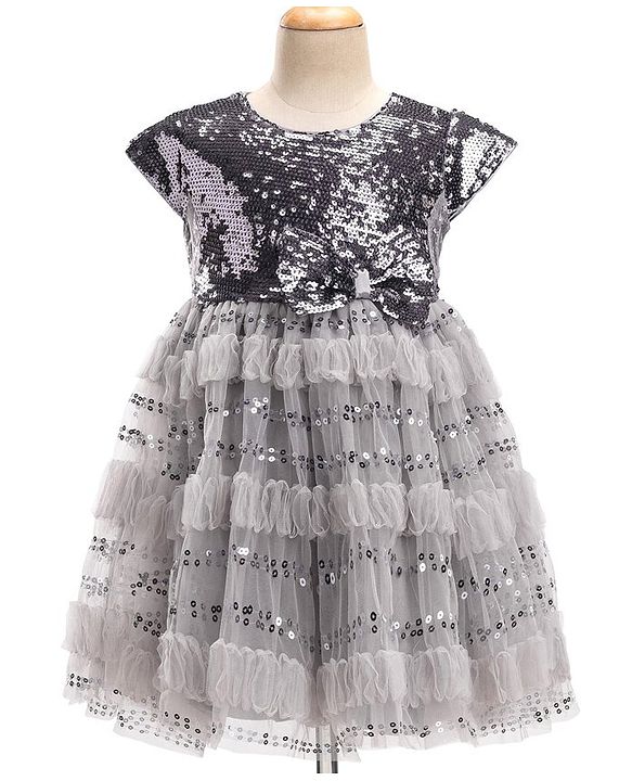 Babyhug Cap Sleeves Party Frock  with Sequinned Yoke & Bow Applique - Grey