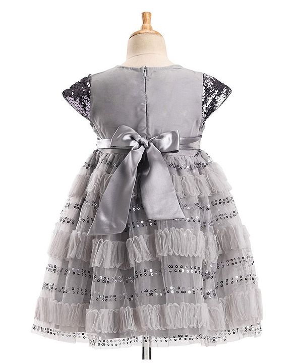 Babyhug Cap Sleeves Party Frock  with Sequinned Yoke & Bow Applique - Grey