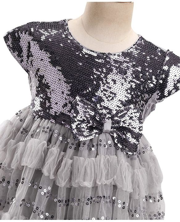 Babyhug Cap Sleeves Party Frock  with Sequinned Yoke & Bow Applique - Grey