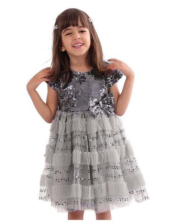Babyhug Cap Sleeves Party Frock  with Sequinned Yoke & Bow Applique - Grey