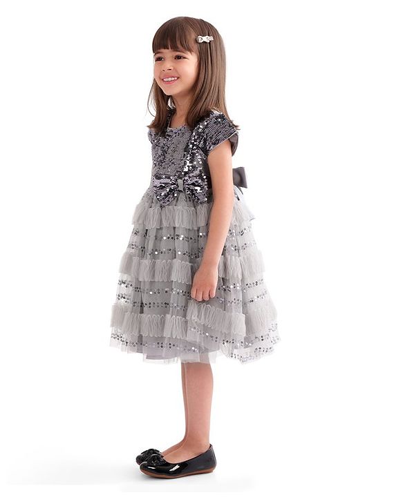 Babyhug Cap Sleeves Party Frock  with Sequinned Yoke & Bow Applique - Grey