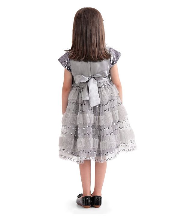 Babyhug Cap Sleeves Party Frock  with Sequinned Yoke & Bow Applique - Grey