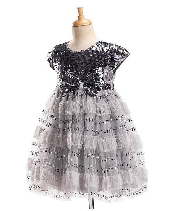 Babyhug Cap Sleeves Party Frock  with Sequinned Yoke & Bow Applique - Grey