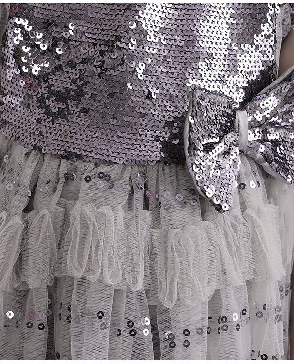 Babyhug Cap Sleeves Party Frock  with Sequinned Yoke & Bow Applique - Grey