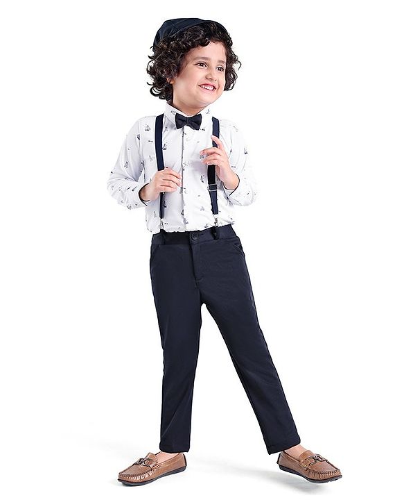 Babyhug Knit Full Sleeves Boat Print  Party Shirt & Trousers with Cap  Bow & Suspender - White & Navy Blue