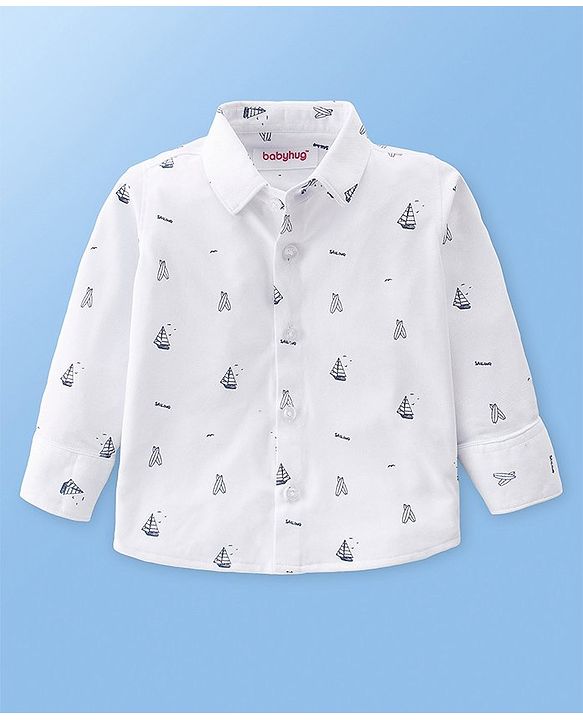 Babyhug Knit Full Sleeves Boat Print  Party Shirt & Trousers with Cap  Bow & Suspender - White & Navy Blue