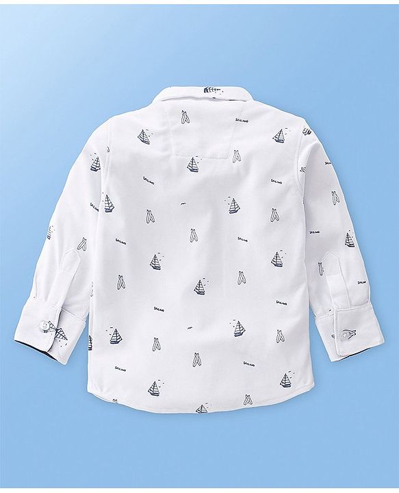 Babyhug Knit Full Sleeves Boat Print  Party Shirt & Trousers with Cap  Bow & Suspender - White & Navy Blue